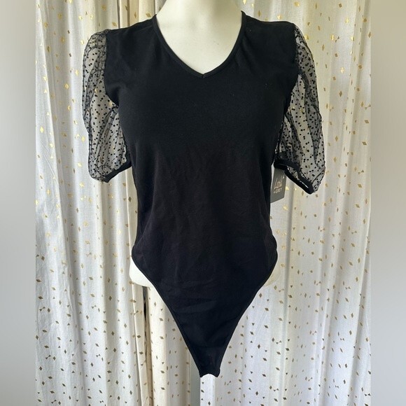 Lark + Grey NWT Women's V Neck Puff Mesh Polka Dot Sleeves Bodysuit L XL - Picture 3 of 7